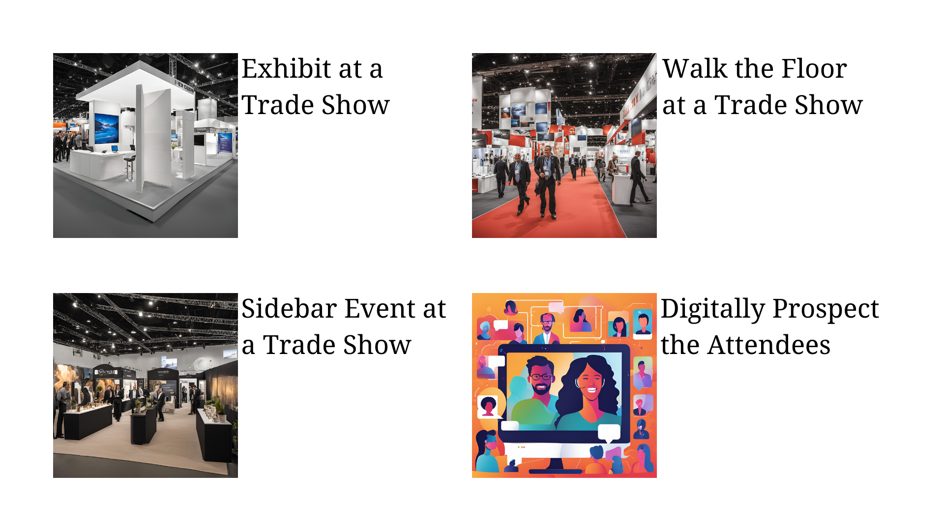 Exhibit, Walk the floor, Sidebar or Digitally Prospect Four ways to invest in Trade Shows in 2025